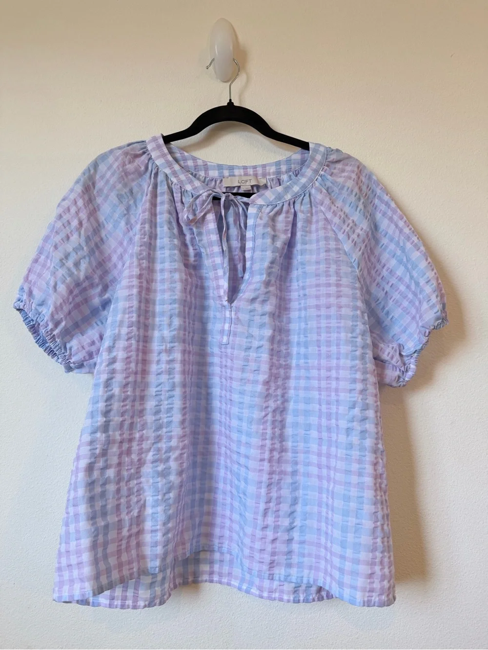LOFT Lavender and Light Blue Gingham Tie-Neck Peasant Blouse